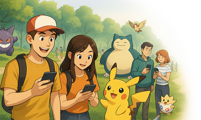 People playing Pokémon GO in a park with Pikachu